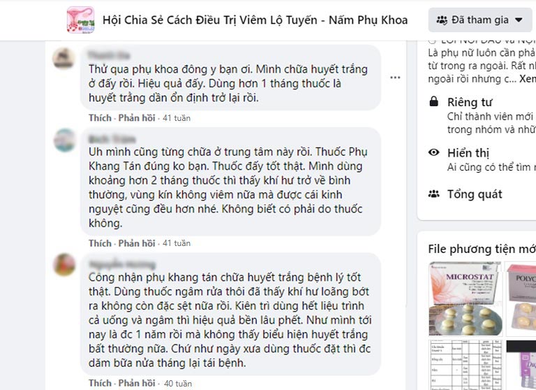 Trong các hội nhóm trên Facebook, Phụ Khang Tán trị huyết trắng cũng được nhiều người chia sẻ